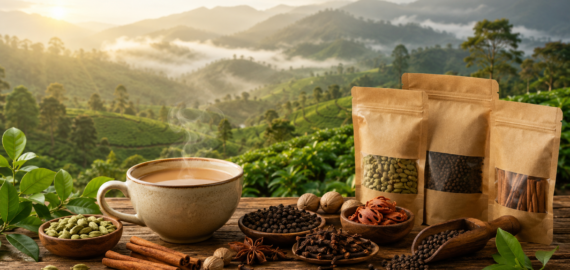 From Idukki Highlands to Your Tea Cup – The Journey Behind Every Spice Pack Premium Idukki spices including cardamom, black pepper, cinnamon, cloves, and nutmeg with a steaming cup of tea overlooking Kerala spice plantations.