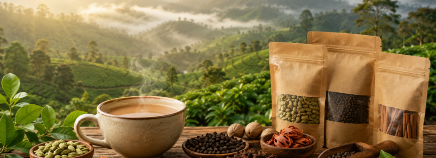 Premium Idukki spices including cardamom, black pepper, cinnamon, cloves, and nutmeg with a steaming cup of tea overlooking Kerala spice plantations.