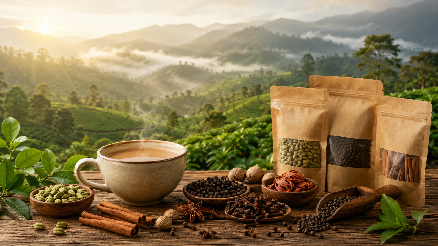 Premium Idukki spices including cardamom, black pepper, cinnamon, cloves, and nutmeg with a steaming cup of tea overlooking Kerala spice plantations.