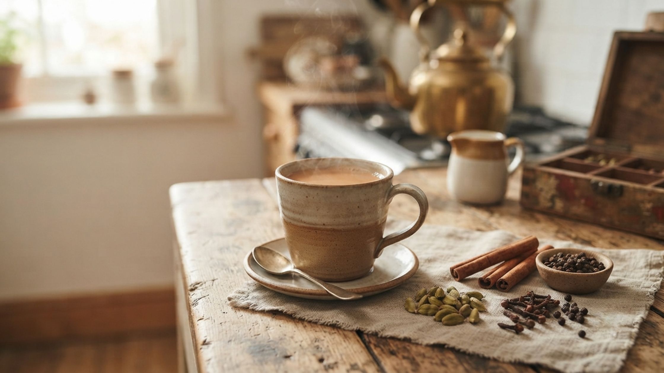 Masala Chai with Whole Spices: Cardamom, Pepper, Clove and Cinnamon
