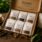 Kerala spice gift box with cardamom, black pepper, cinnamon, cloves, nutmeg and star anise