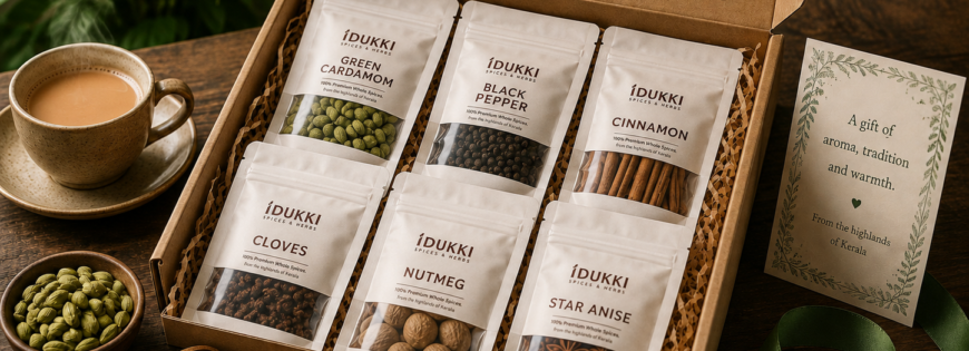 Kerala spice gift box with cardamom, black pepper, cinnamon, cloves, nutmeg and star anise