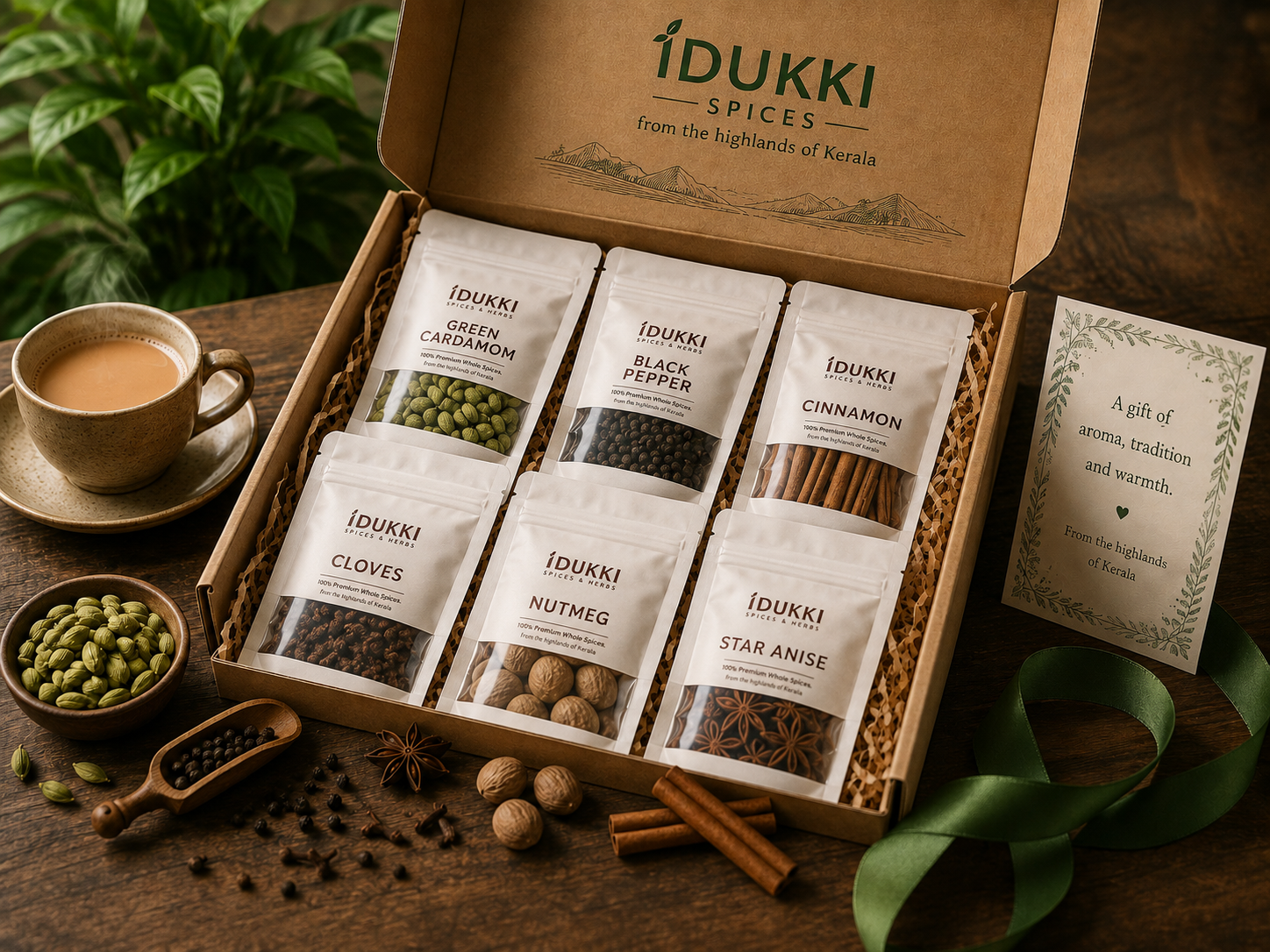 Kerala spice gift box with cardamom, black pepper, cinnamon, cloves, nutmeg and star anise