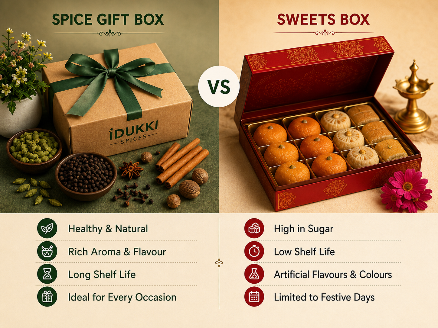 Comparison of a Kerala spice gift box and a traditional sweets box for festive gifting