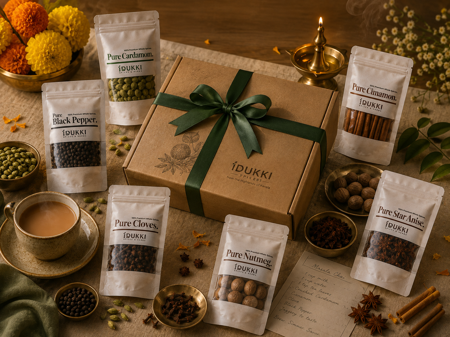 Festive Kerala spice gift box with cardamom, black pepper, cinnamon, cloves, nutmeg and star anise