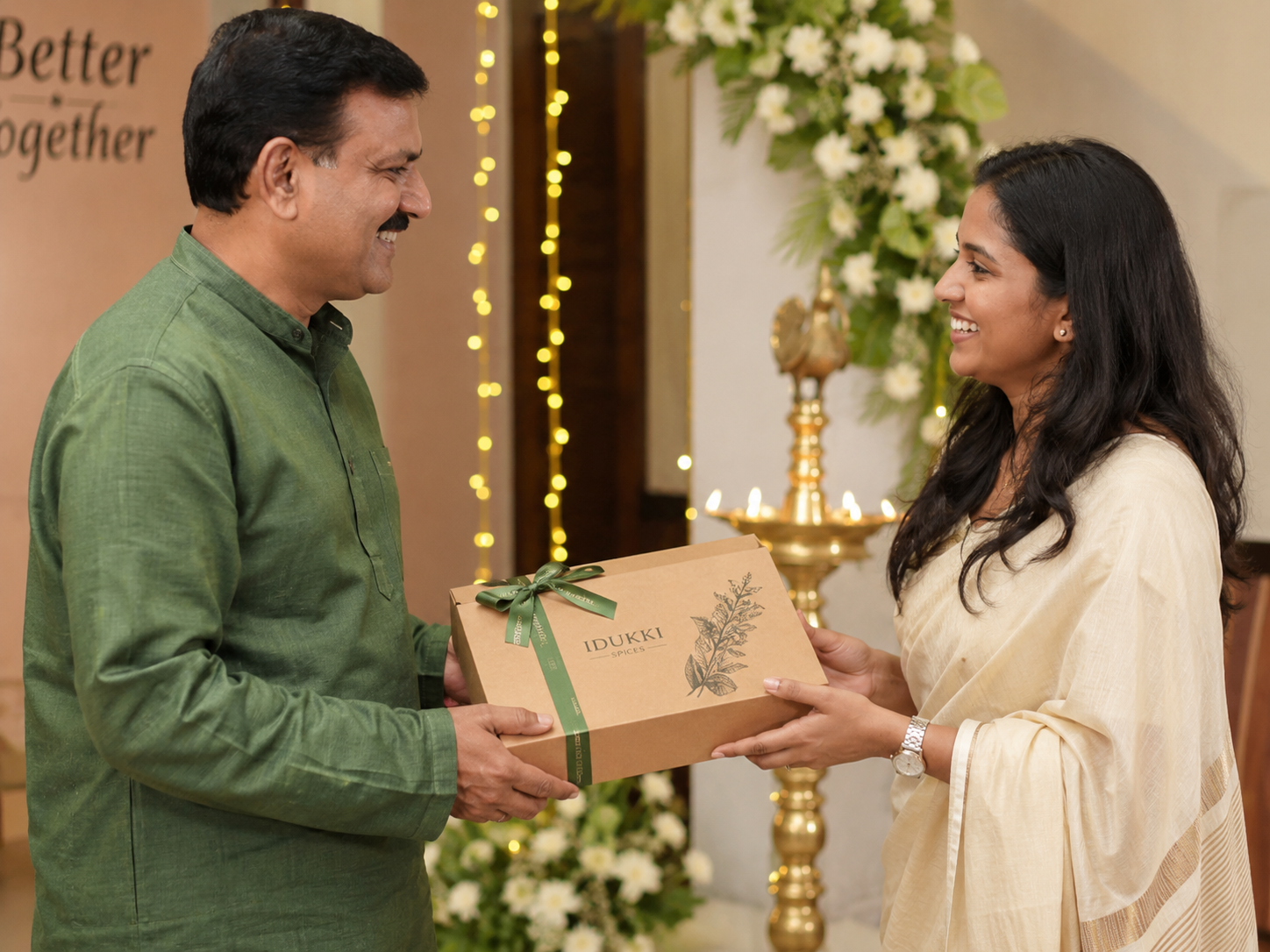 Man presenting an Idukki Kerala spice gift box to a woman at a festive function