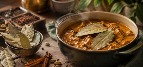 Bay Leaf in Indian Curry Indian curry flavoured with dried bay leaves, cinnamon, cardamom and black pepper