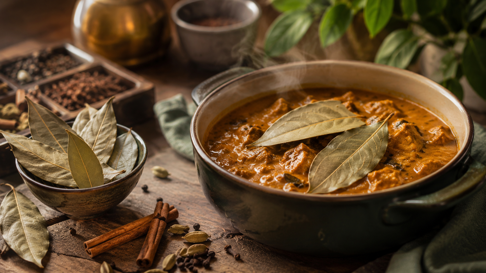 Indian curry flavoured with dried bay leaves, cinnamon, cardamom and black pepper