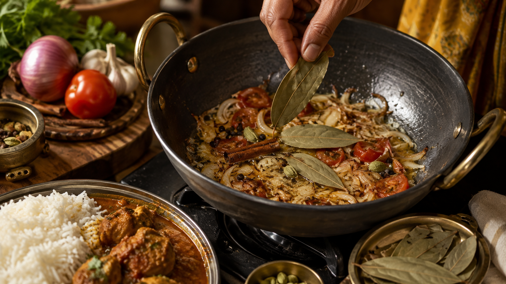 A cook adding dried bay leaf to an Indian curry base with whole spices
