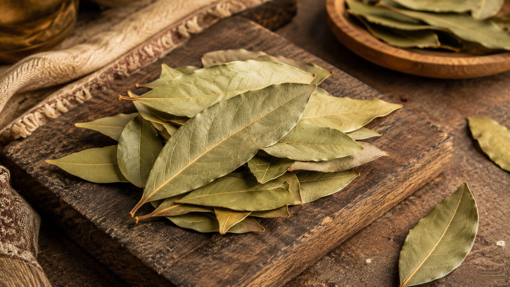 Close-up of dried bay leaves arranged on a rustic wooden board