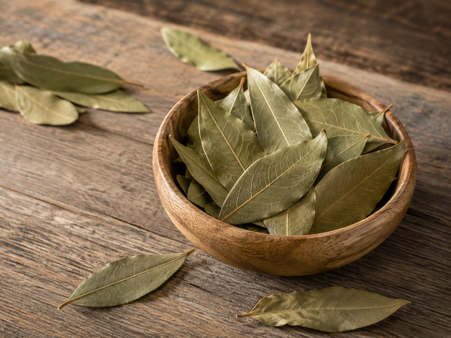 Dried bay leaves arranged in a wooden bowl on a rustic table