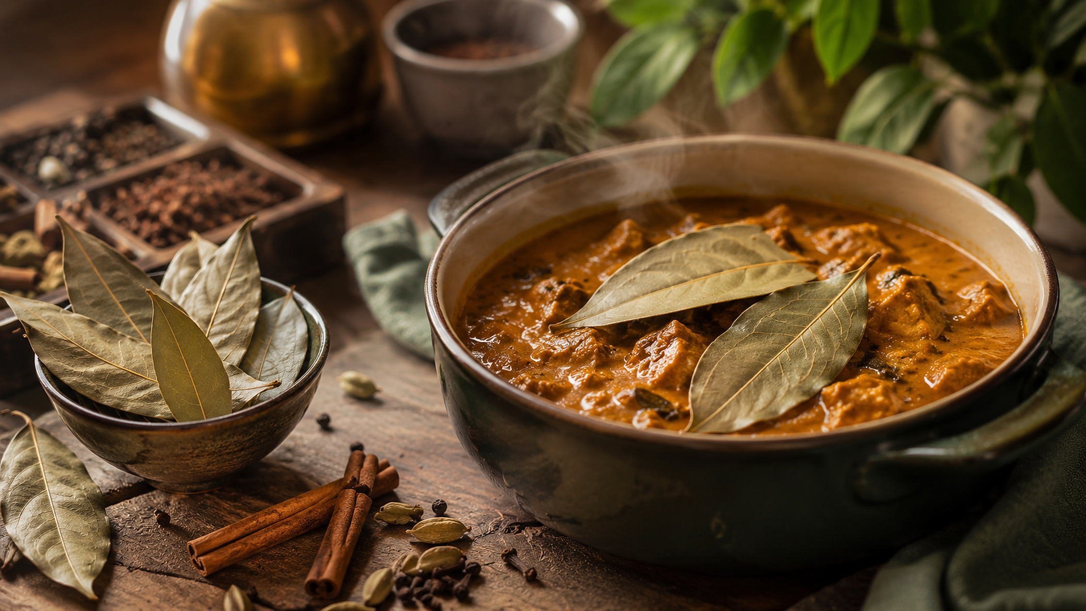 Indian curry flavoured with dried bay leaves, cinnamon, cardamom and black pepper