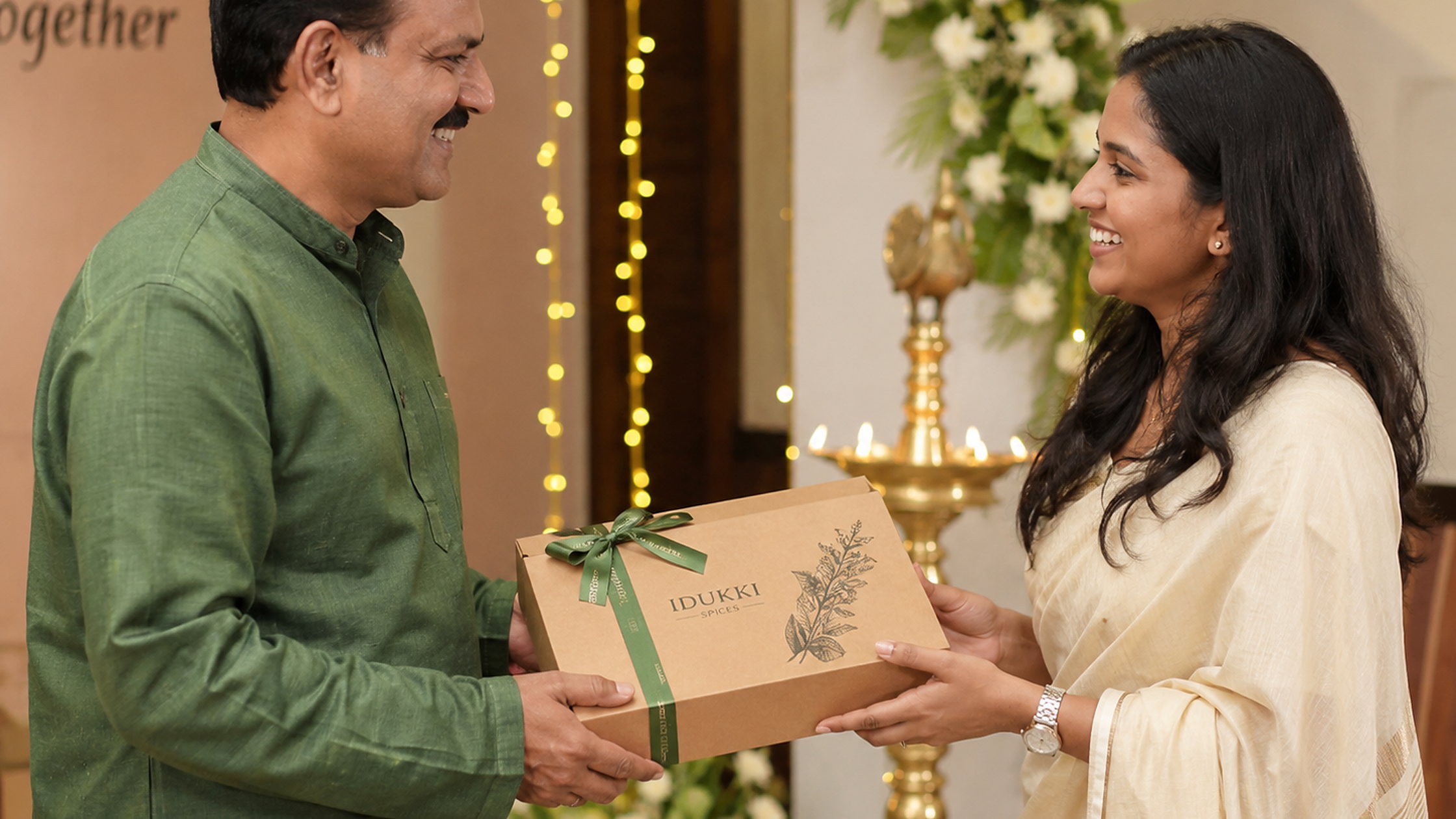 Man presenting an Idukki Kerala spice gift box to a woman at a festive function