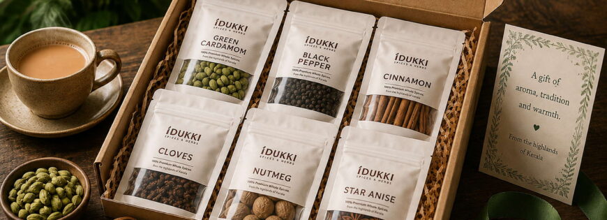 Kerala spice gift box with cardamom, black pepper, cinnamon, cloves, nutmeg and star anise