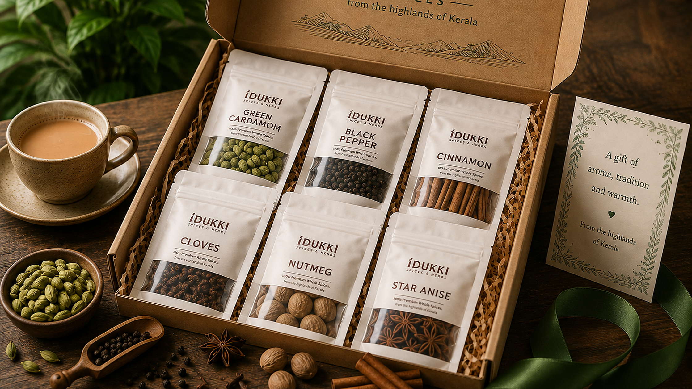 Kerala spice gift box with cardamom, black pepper, cinnamon, cloves, nutmeg and star anise