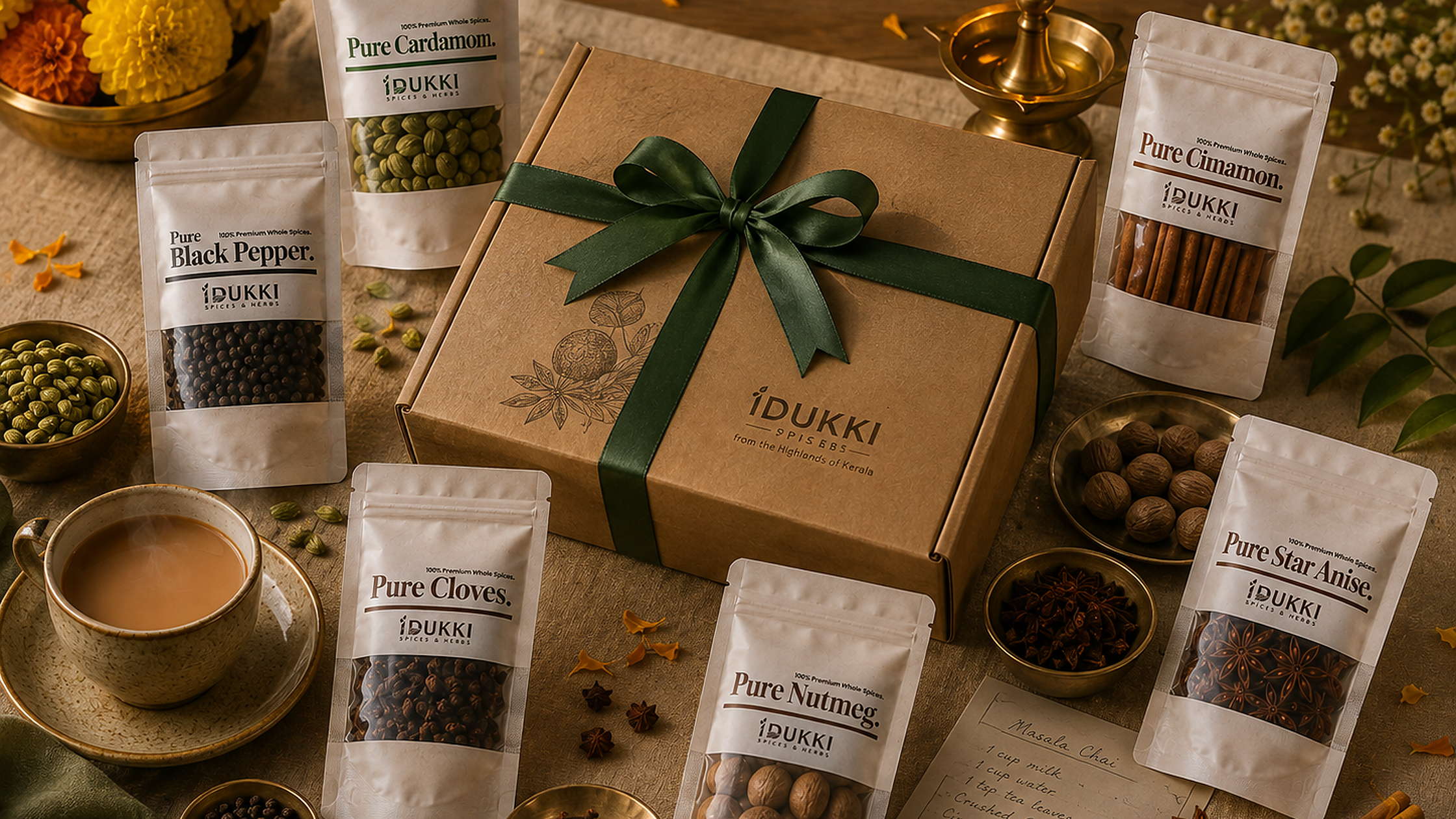 Festive Kerala spice gift box with cardamom, black pepper, cinnamon, cloves, nutmeg and star anise