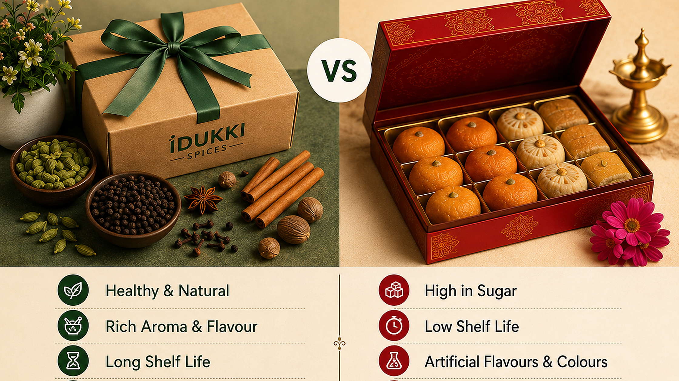 Comparison of a Kerala spice gift box and a traditional sweets box for festive gifting