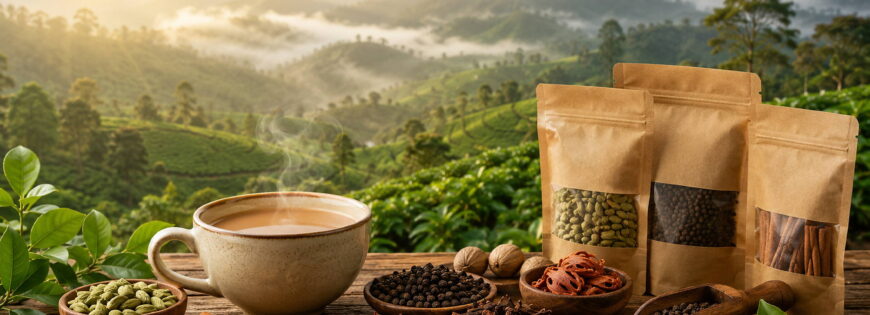 Premium Idukki spices including cardamom, black pepper, cinnamon, cloves, and nutmeg with a steaming cup of tea overlooking Kerala spice plantations.