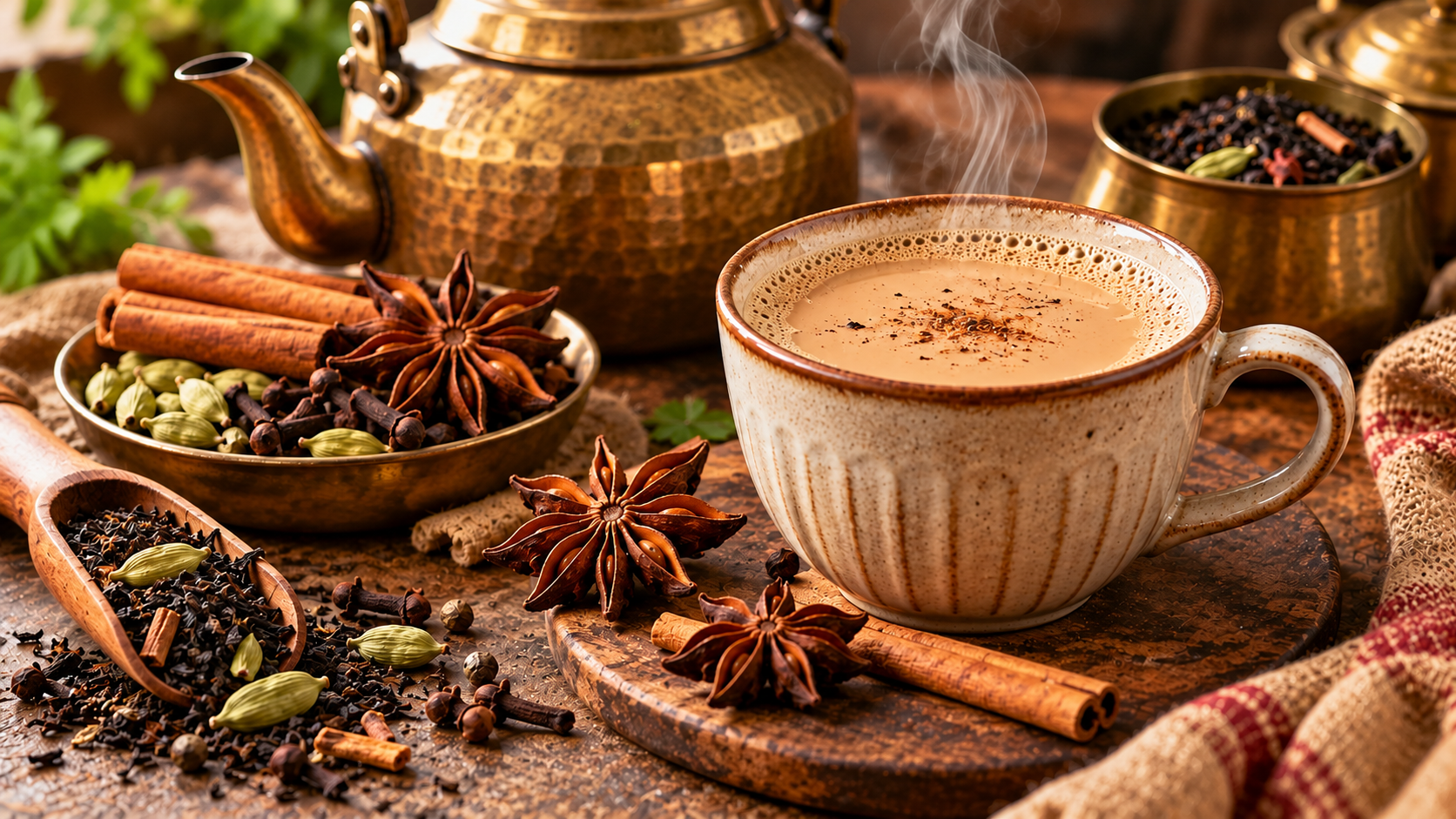 Masala chai with star anise cinnamon cardamom cloves and whole spices