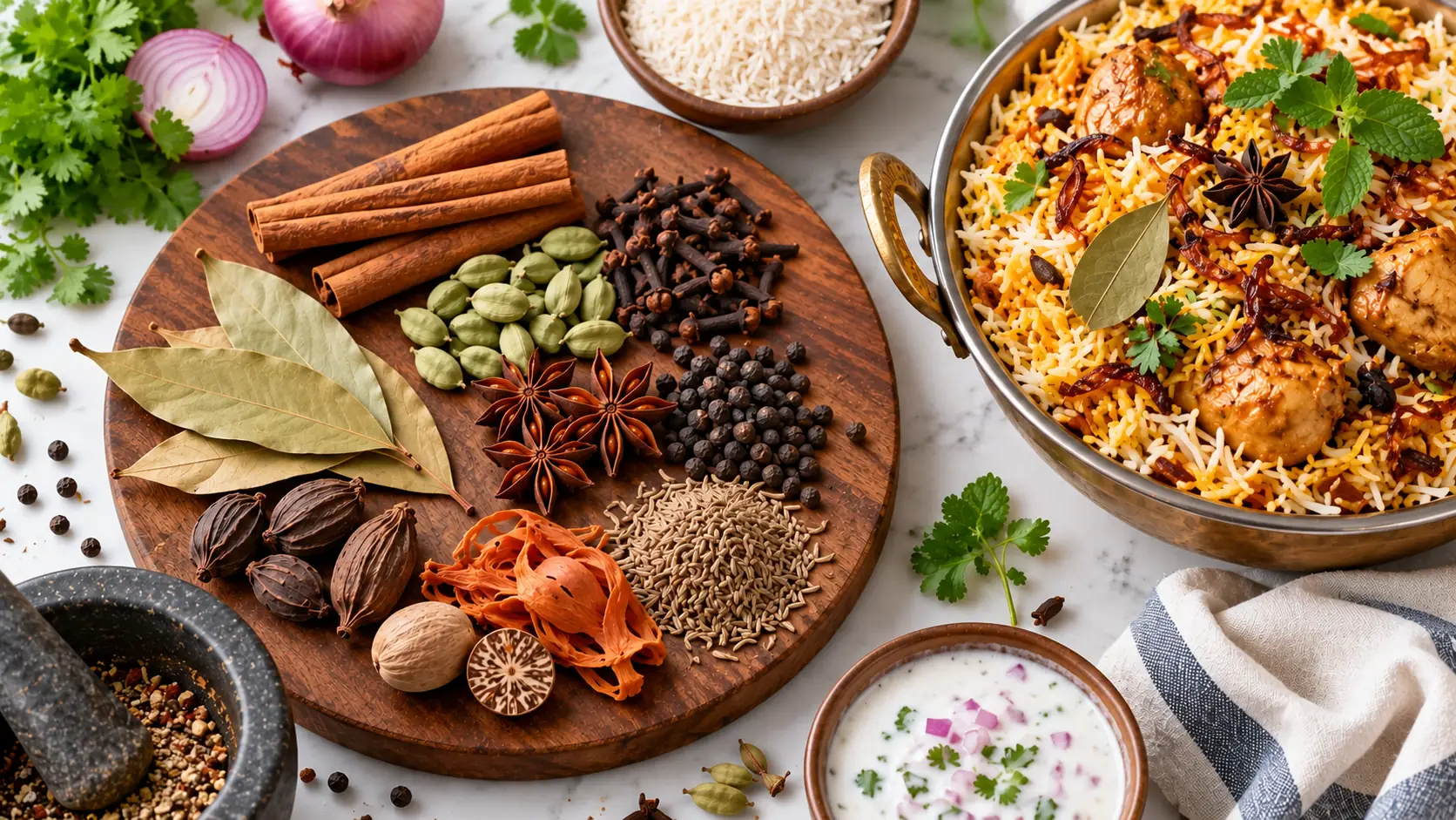 Whole spices for biryani including cinnamon cardamom cloves star anise bay leaf black pepper and cumin beside chicken biryani
