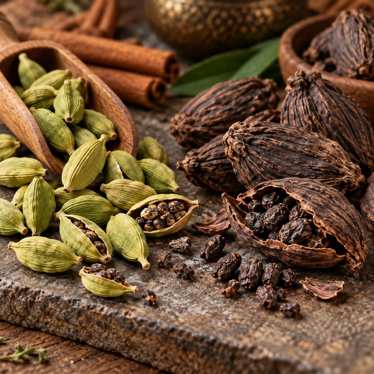 Green and black cardamom pods opened to show their seeds beside cinnamon sticks
