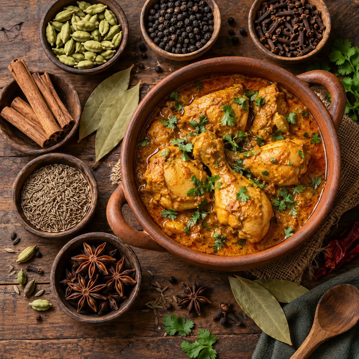 Chicken curry with whole spices including green cardamom black pepper cloves cinnamon cumin star anise and bay leaf