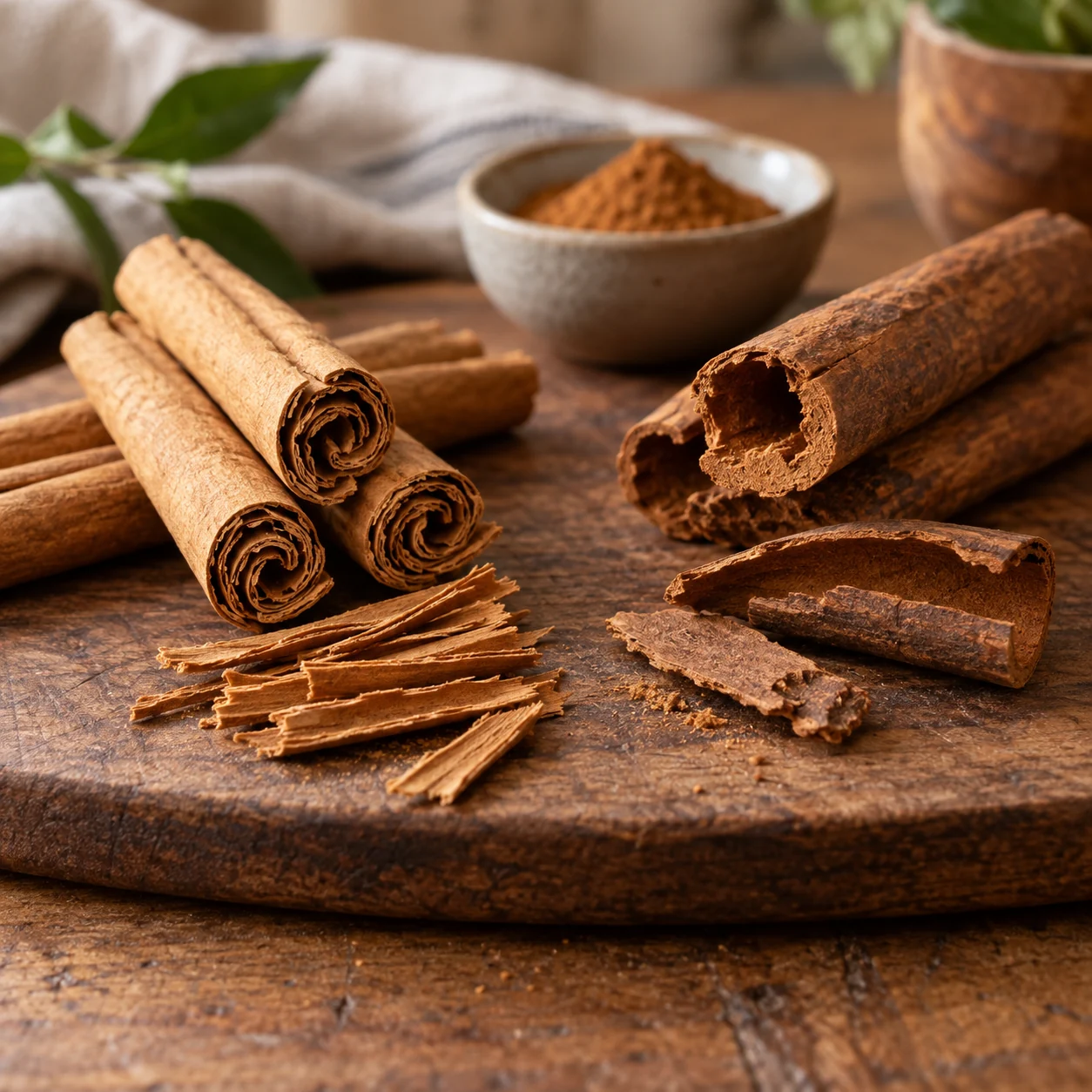 Cinnamon vs cassia comparison showing thin layered real cinnamon and thick cassia bark