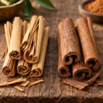 Cinnamon vs cassia comparison showing thin layered real cinnamon and thick cassia bark
