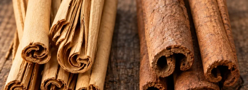 Cinnamon vs cassia comparison showing thin layered real cinnamon and thick cassia bark