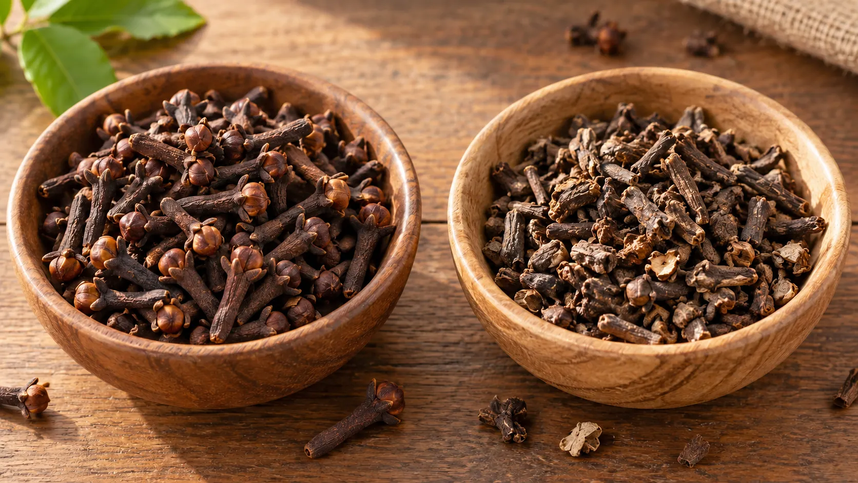 Comparison of fresh good quality cloves and dry broken cloves in wooden bowls