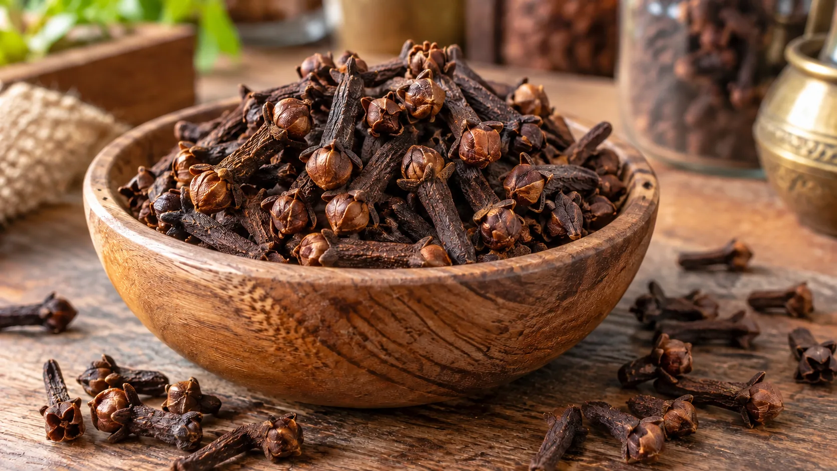 Good quality whole cloves with dark brown colour intact flower buds and fresh appearance in a wooden bowl