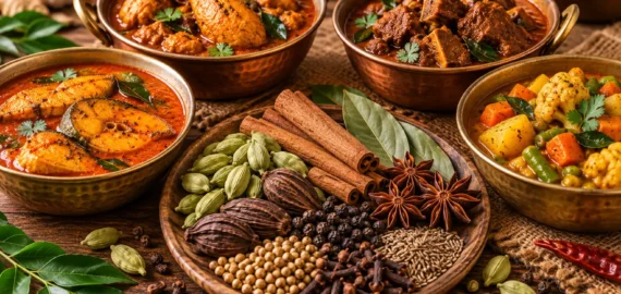 Whole Spices for Fish, Chicken, Mutton and Vegetable Curries Whole spices including cardamom, cinnamon, star anise, black pepper, cumin, cloves and bay leaves served alongside fish, chicken, mutton and vegetable curries