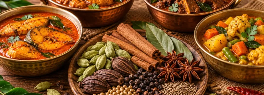 Whole spices including cardamom, cinnamon, star anise, black pepper, cumin, cloves and bay leaves served alongside fish, chicken, mutton and vegetable curries