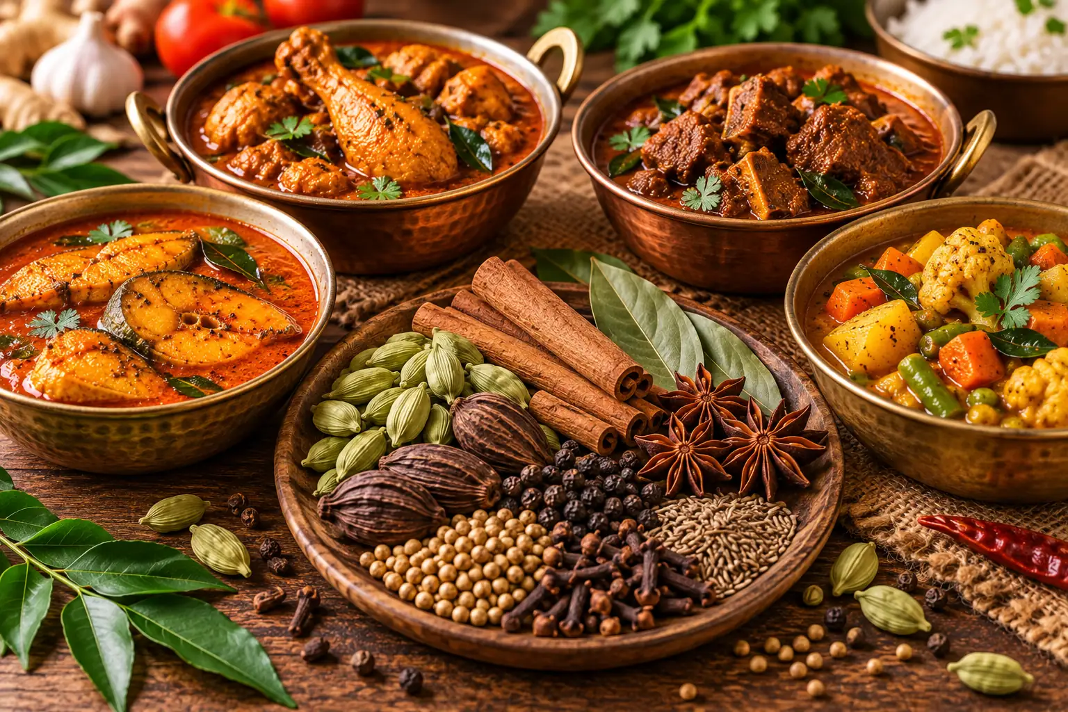 Whole spices including cardamom, cinnamon, star anise, black pepper, cumin, cloves and bay leaves served alongside fish, chicken, mutton and vegetable curries