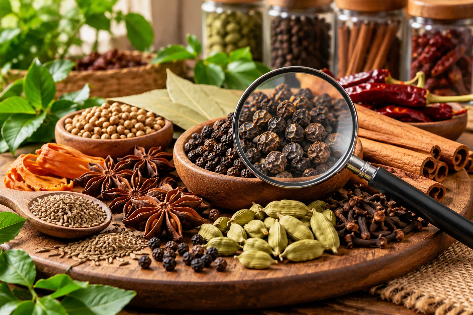 Fresh black pepper and whole spices inspected with a magnifying glass to check colour texture and quality