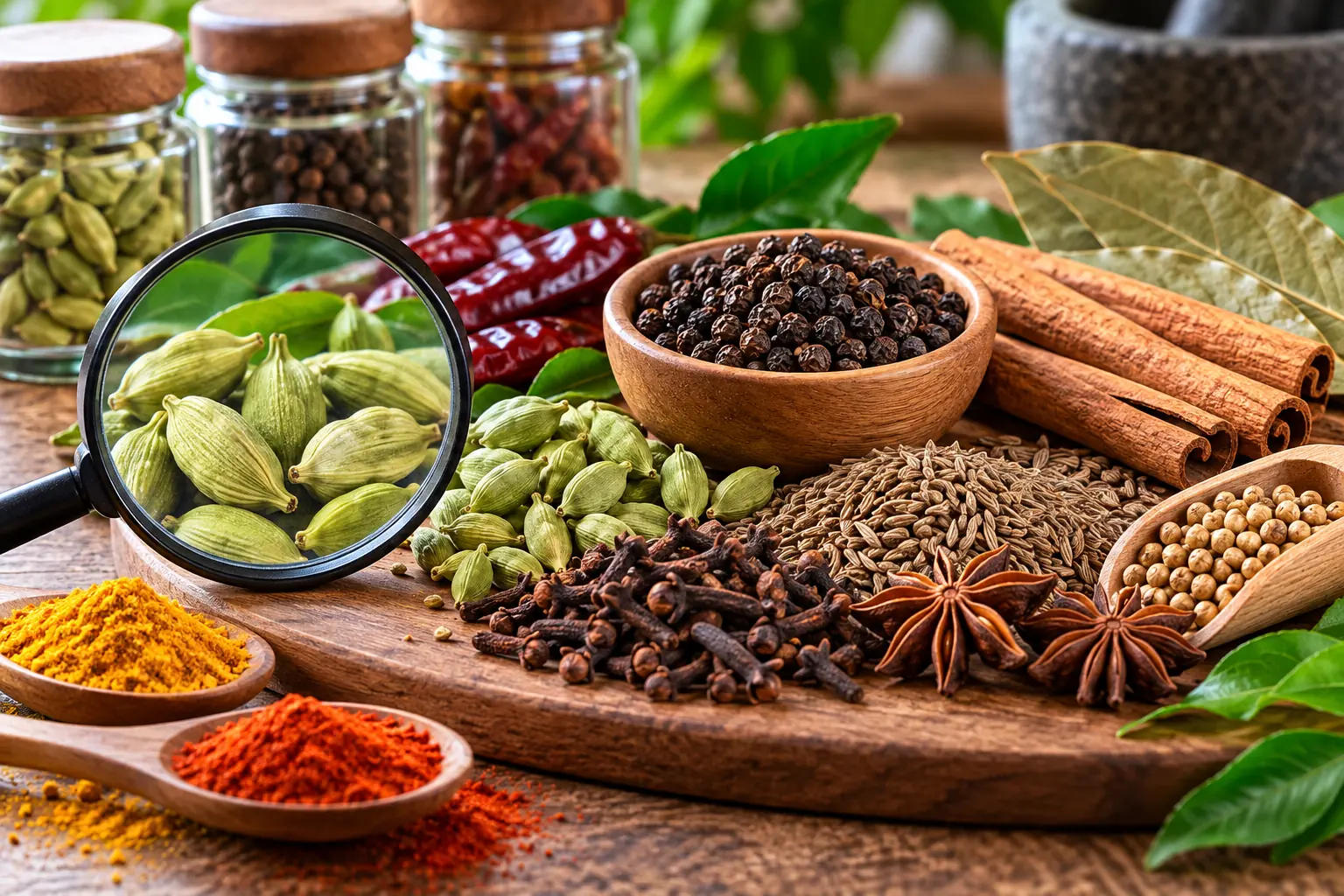 Cardamom pods inspected with a magnifying glass beside black pepper cloves cinnamon cumin coriander star anise and bay leaves