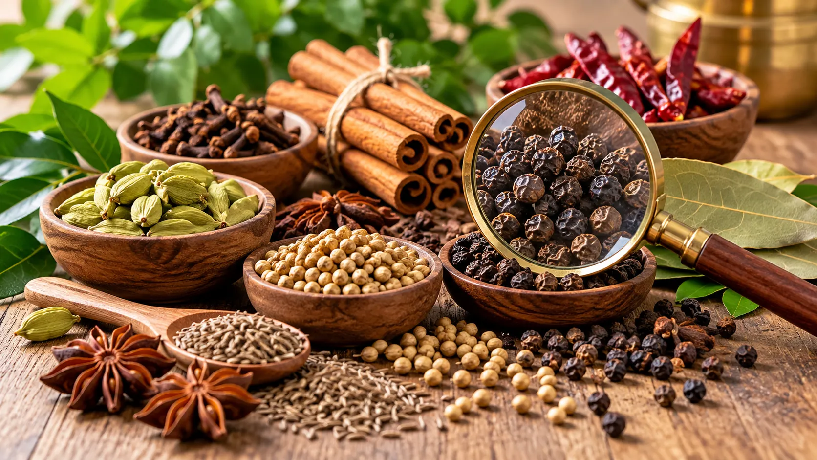 Fresh spices including black pepper cardamom cloves cinnamon star anise cumin and bay leaves inspected with a magnifying glass