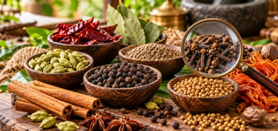 Fresh Spices – How to Check Aroma, Colour and Quality Before Cooking Fresh whole spices including cardamom, black pepper, cloves, cinnamon, cumin, coriander, star anise and bay leaves arranged for a freshness check