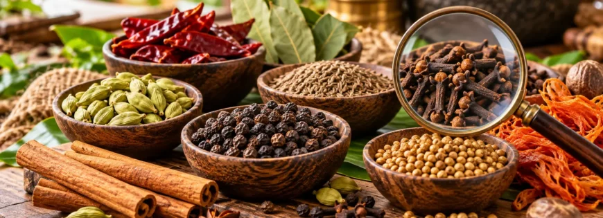 Fresh whole spices including cardamom, black pepper, cloves, cinnamon, cumin, coriander, star anise and bay leaves arranged for a freshness check