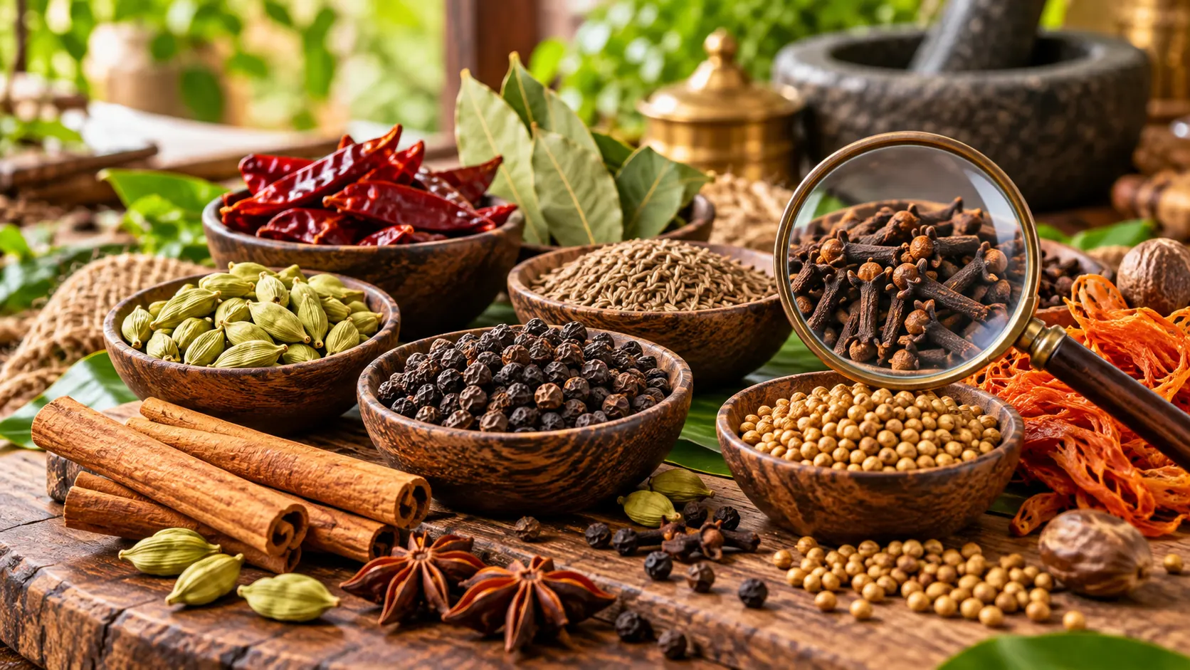 Fresh whole spices including cardamom, black pepper, cloves, cinnamon, cumin, coriander, star anise and bay leaves arranged for a freshness check