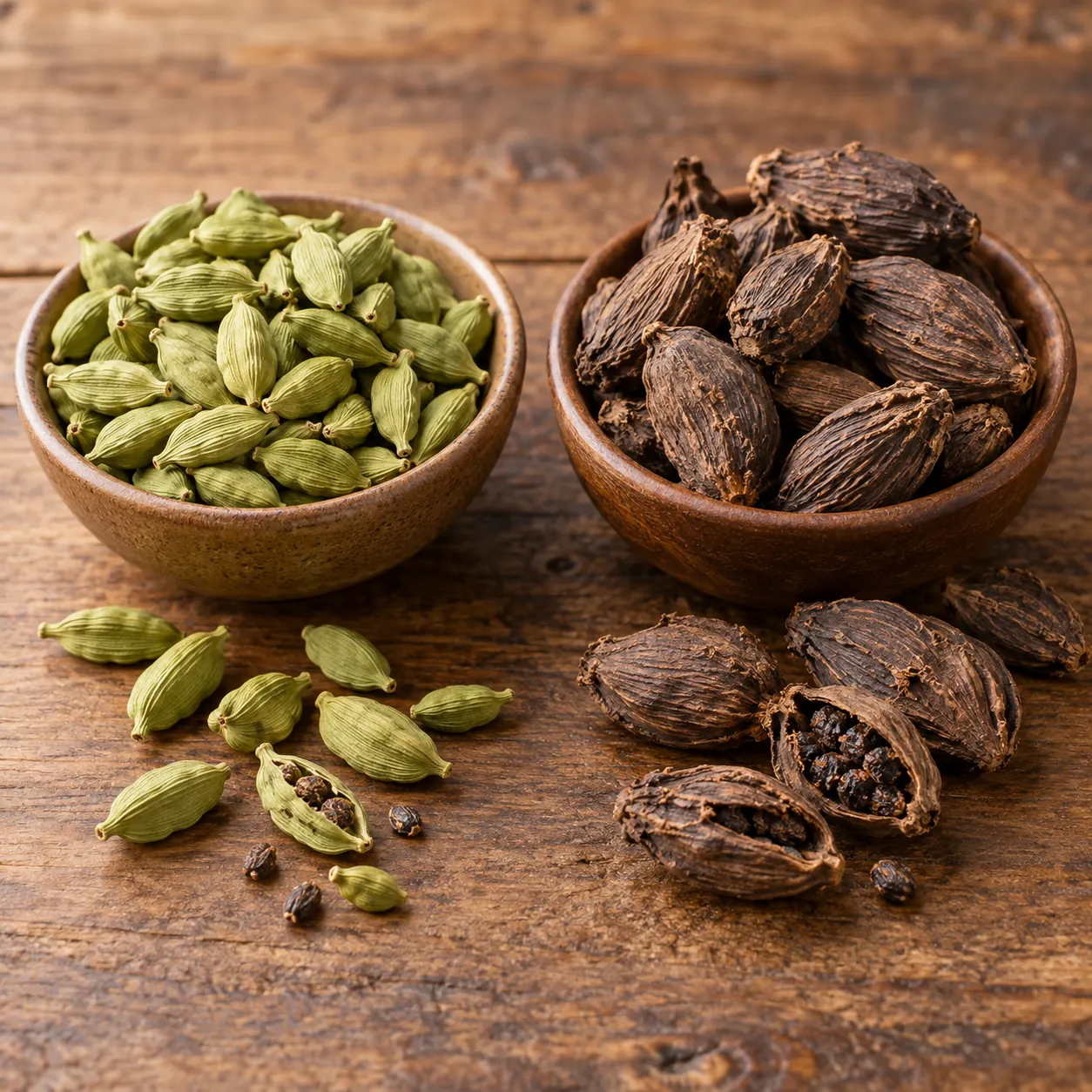 Green vs black cardamom pods displayed side by side showing differences in size colour texture and seed appearance