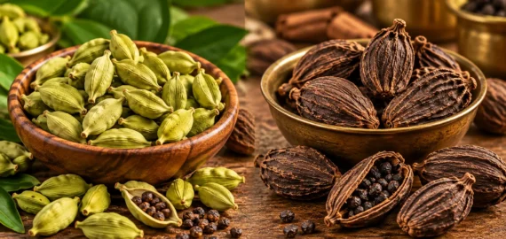 Green Cardamom vs Black Cardamom – Key Differences and Uses Green cardamom and black cardamom pods displayed side by side to compare their colour, size, texture and appearance