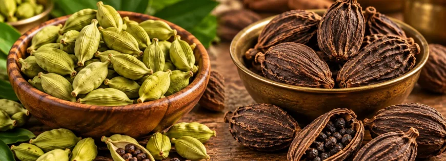 Green cardamom and black cardamom pods displayed side by side to compare their colour, size, texture and appearance