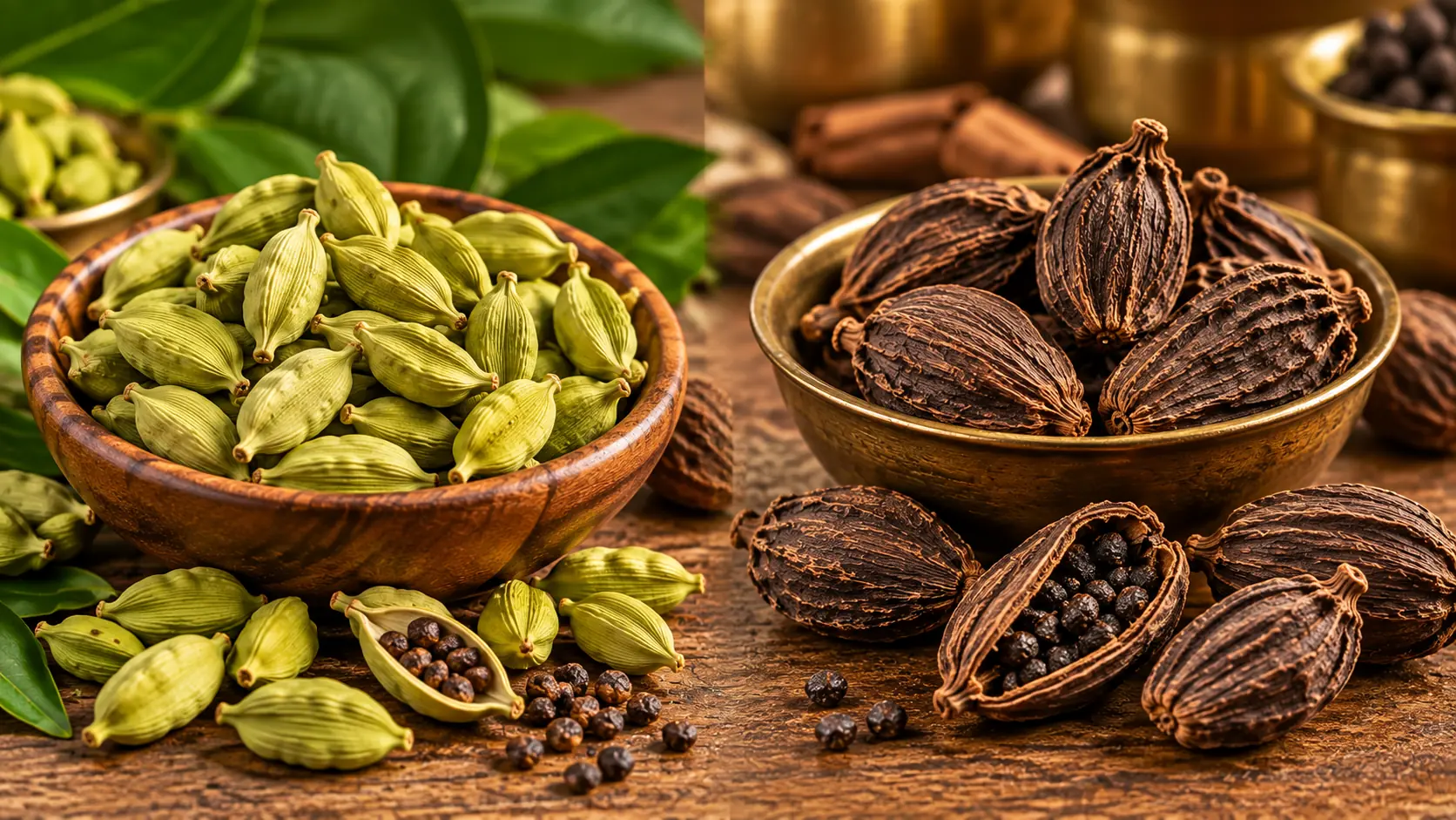 Green cardamom and black cardamom pods displayed side by side to compare their colour, size, texture and appearance