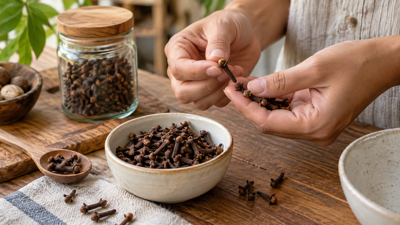 Hands inspecting whole cloves for colour shape freshness and intact flower buds before buying