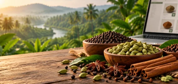 Authentic Kerala Spices Online Buying Guide Authentic Kerala spices including cardamom, black pepper, cloves, cinnamon and star anise displayed beside an online spice shopping screen.