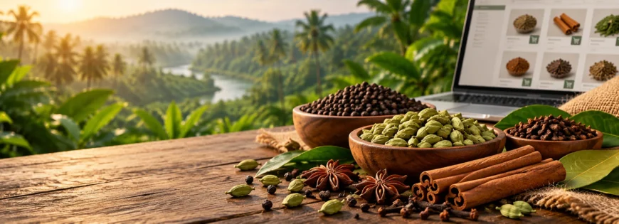 Authentic Kerala spices including cardamom, black pepper, cloves, cinnamon and star anise displayed beside an online spice shopping screen.