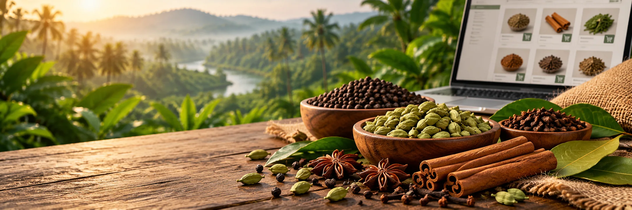 Authentic Kerala spices including cardamom, black pepper, cloves, cinnamon and star anise displayed beside an online spice shopping screen.