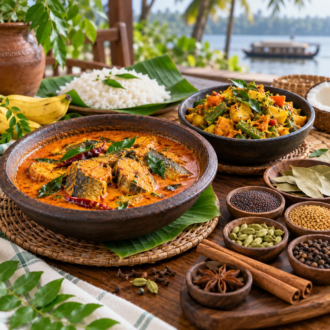 Spices for fish curry including mustard seeds cardamom cinnamon star anise black pepper and bay leaf beside Kerala fish curry