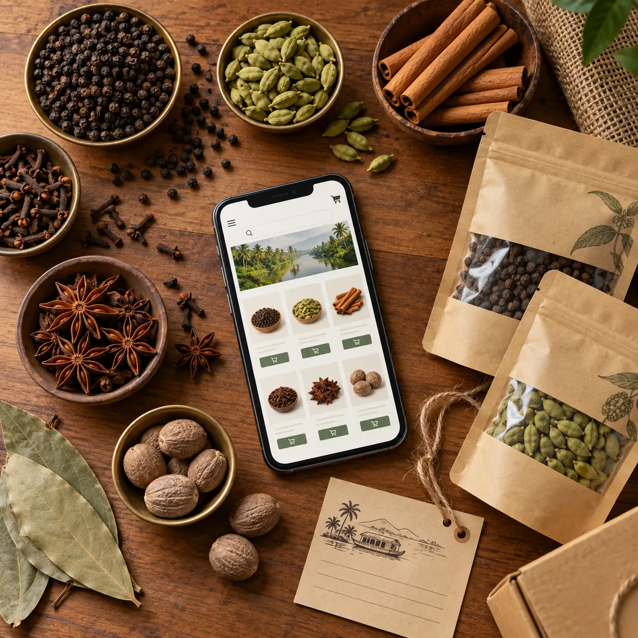 Buy Kerala spices online with black pepper cardamom cinnamon cloves star anise nutmeg and bay leaves beside a smartphone